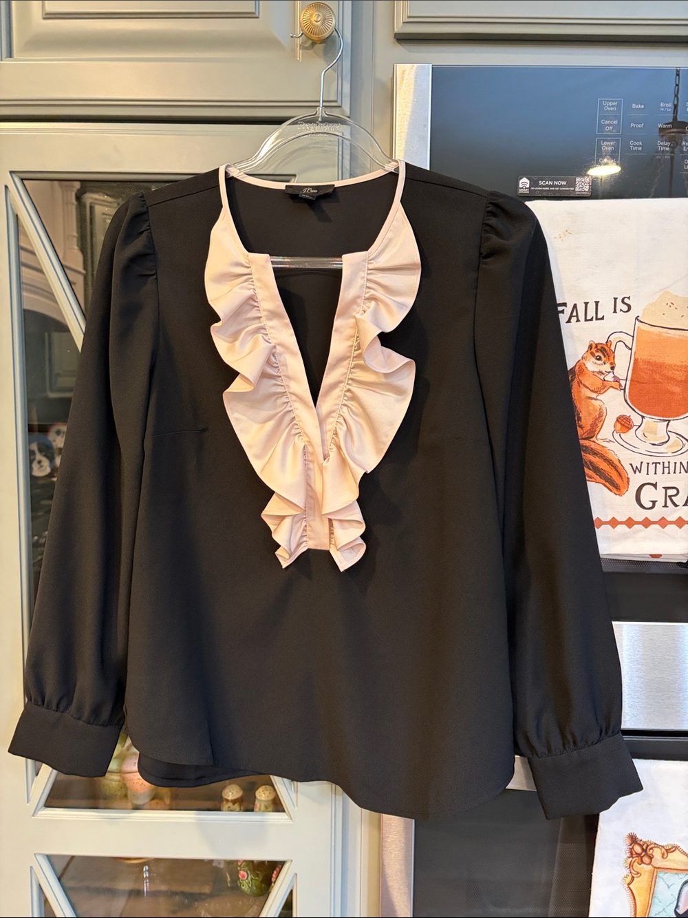 J. Crew Black Blouse with Pale Pink Ruffle V-Neck XS
